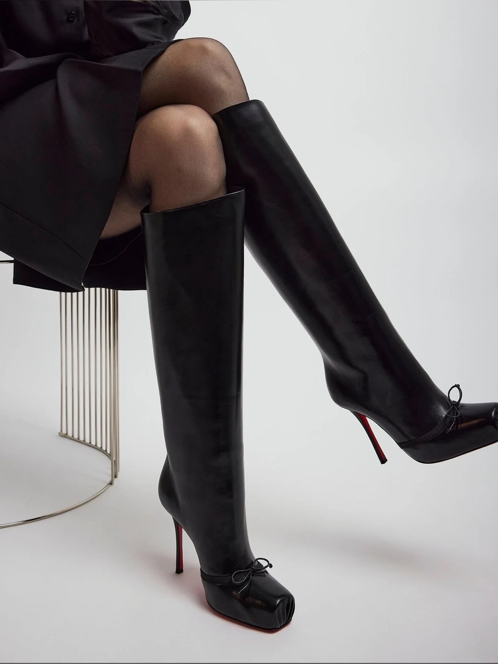 Christian Louboutin Black Leather Over-the-Knee Stiletto Boots with Red Sole